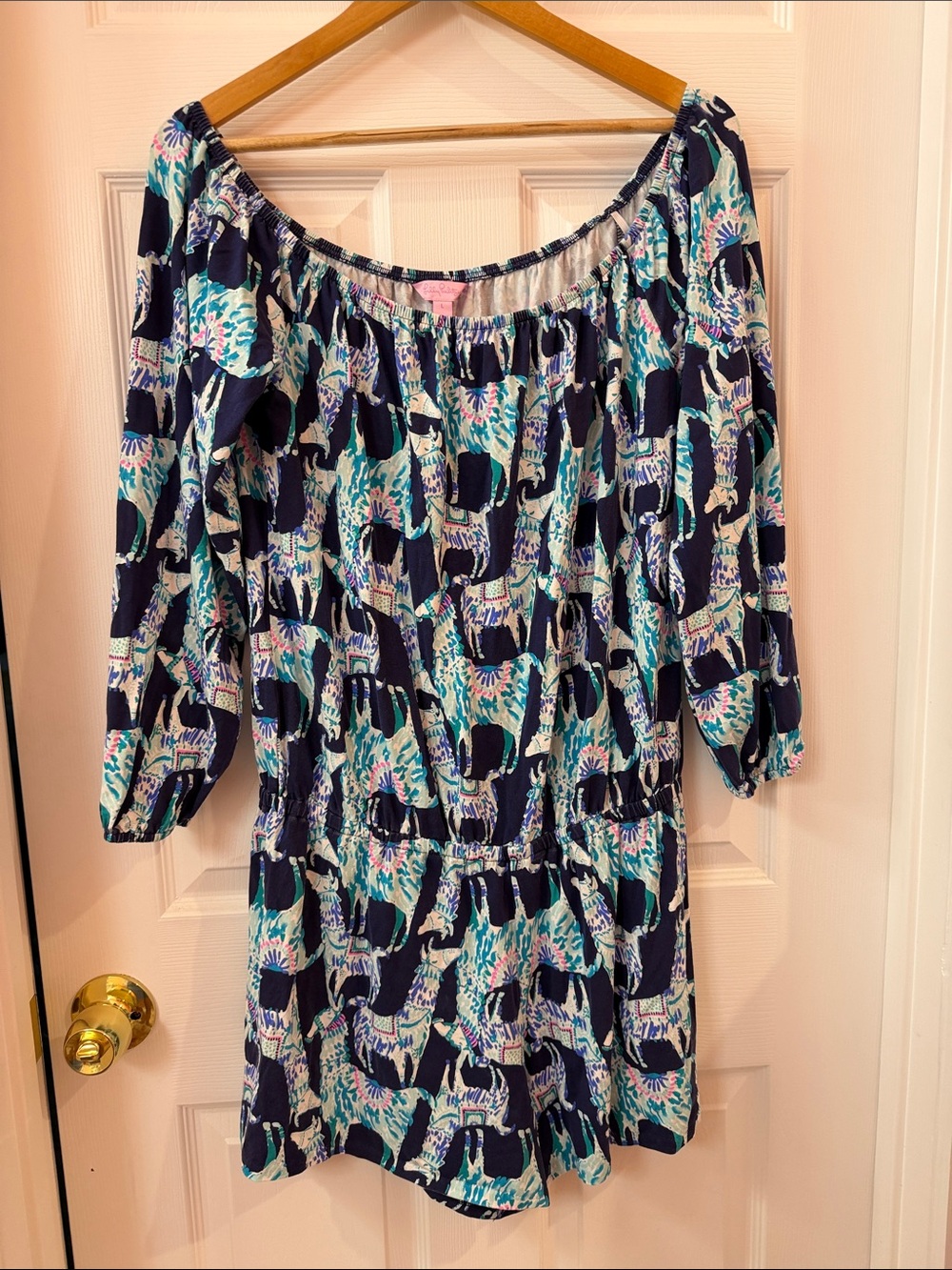 Lilly Pulitzer Navy, Teal & White Printed Off-Shoulder Romper